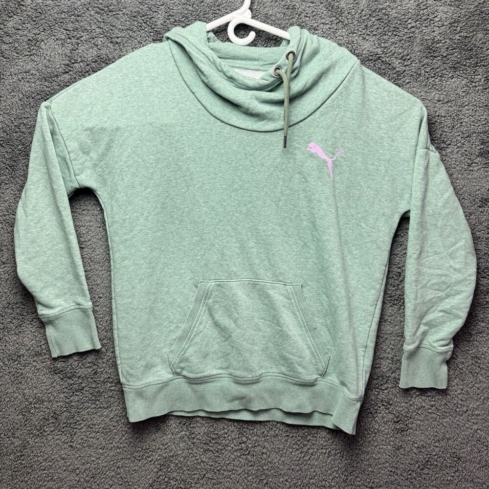 Puma Womens Hoodie Large Green Pullover Long Sleeve Pockets Embroidered Logo